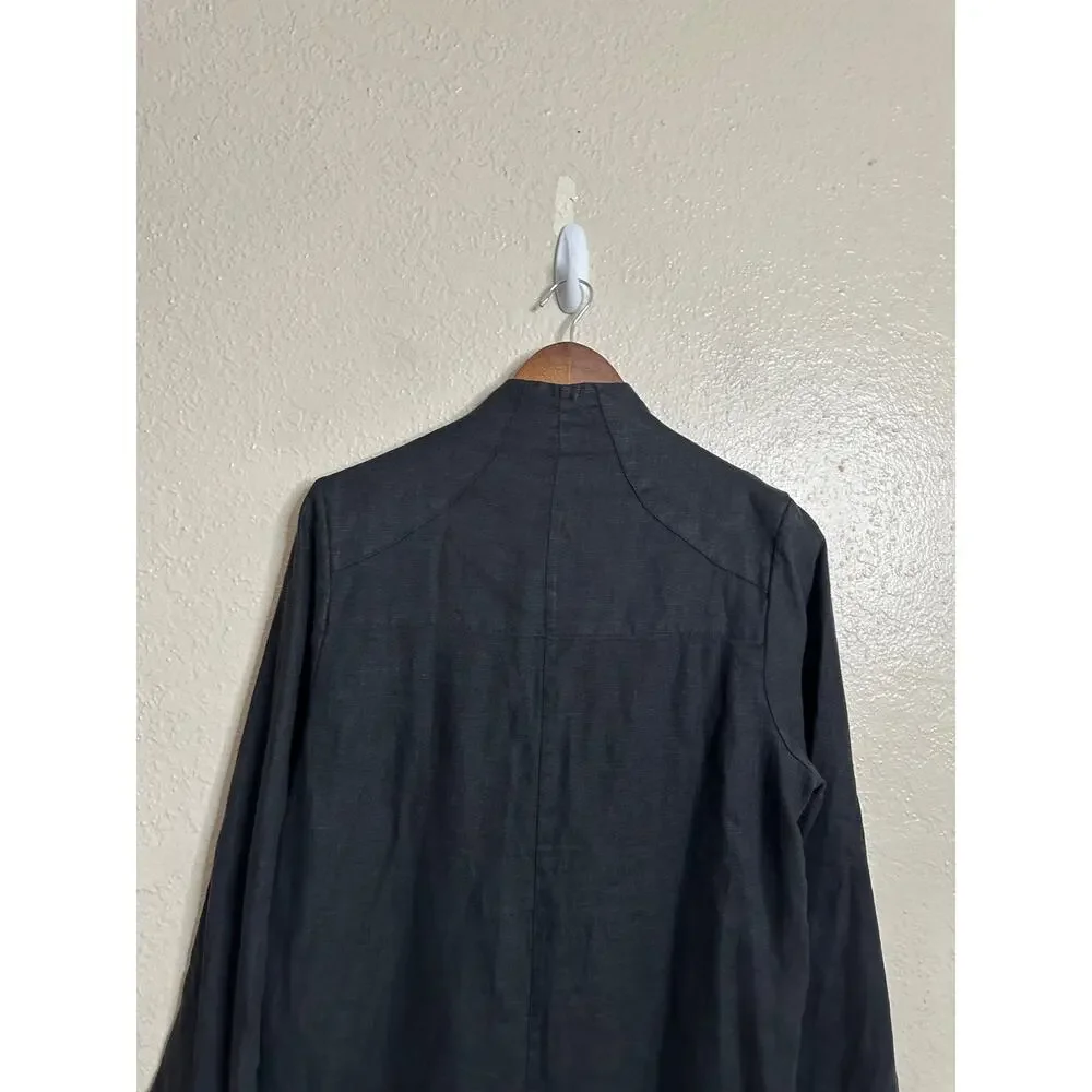 Black Ficus Linen Trench Almond in Black Mens S Longline Duster Open Front